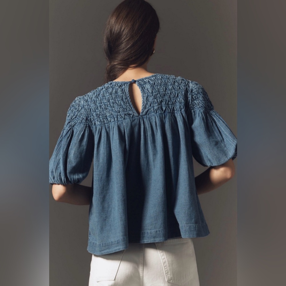 Smocked Blue Women's Peasant Top - Picture 2 of 9